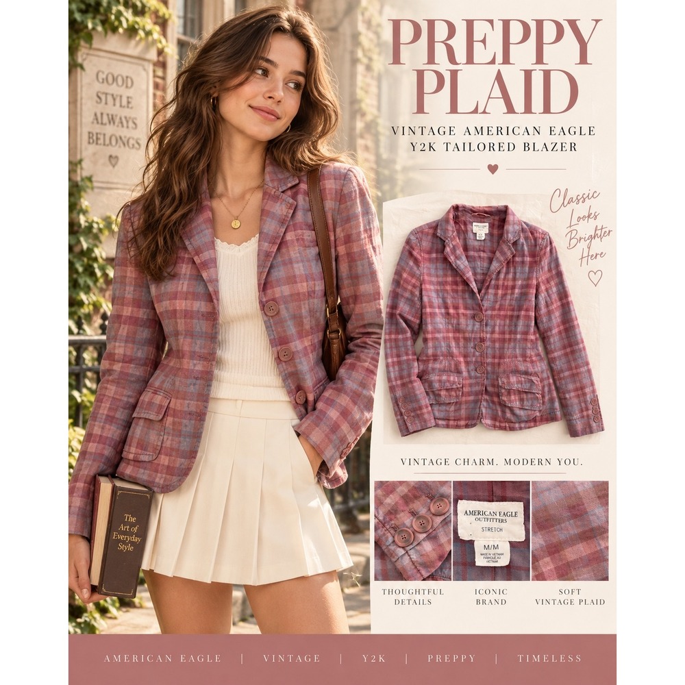 Vintage Y2K American Eagle Plaid Blazer M Pink Blue Preppy Academia